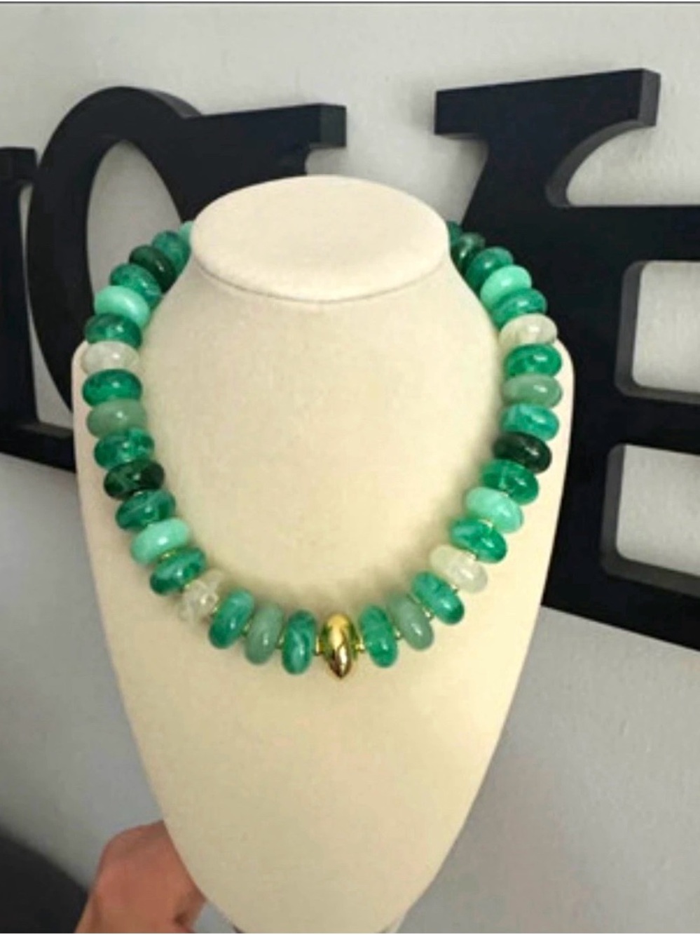 Green Beaded Statement Necklace with Gold Accent